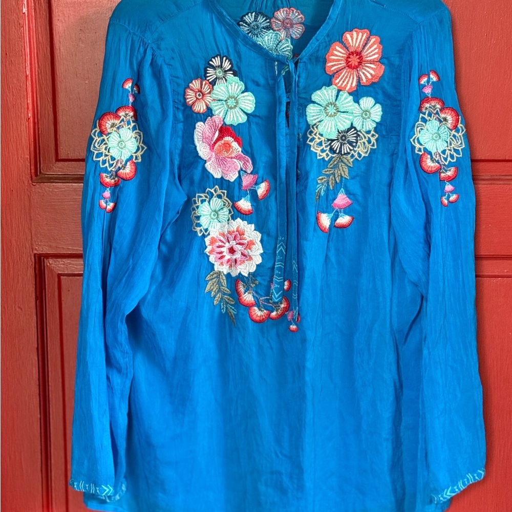 Johnny Was Blue Embellished Mandarin Collar Tunic